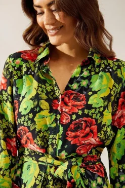 Floral Print Viscose Belted Midi Shirt Dress