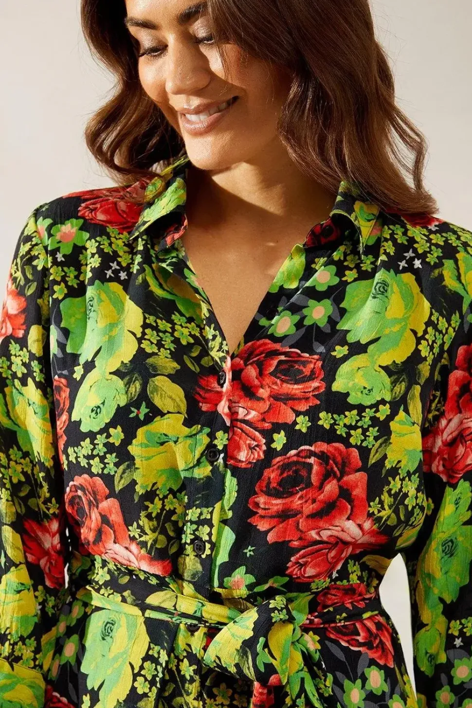 Floral Print Viscose Belted Midi Shirt Dress