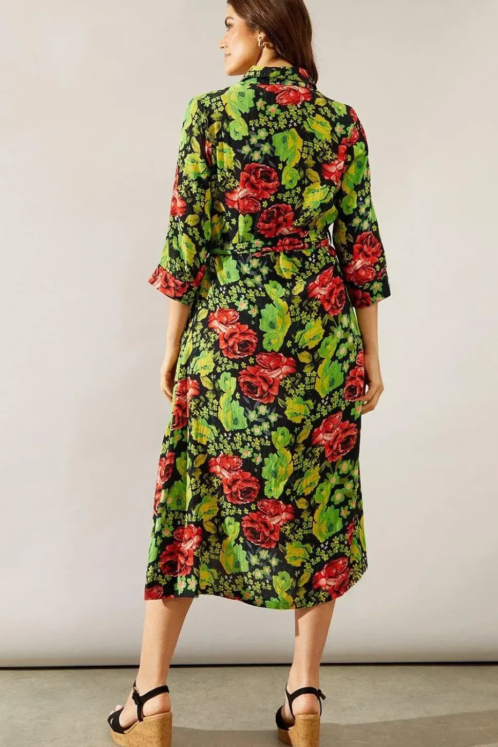 Floral Print Viscose Belted Midi Shirt Dress