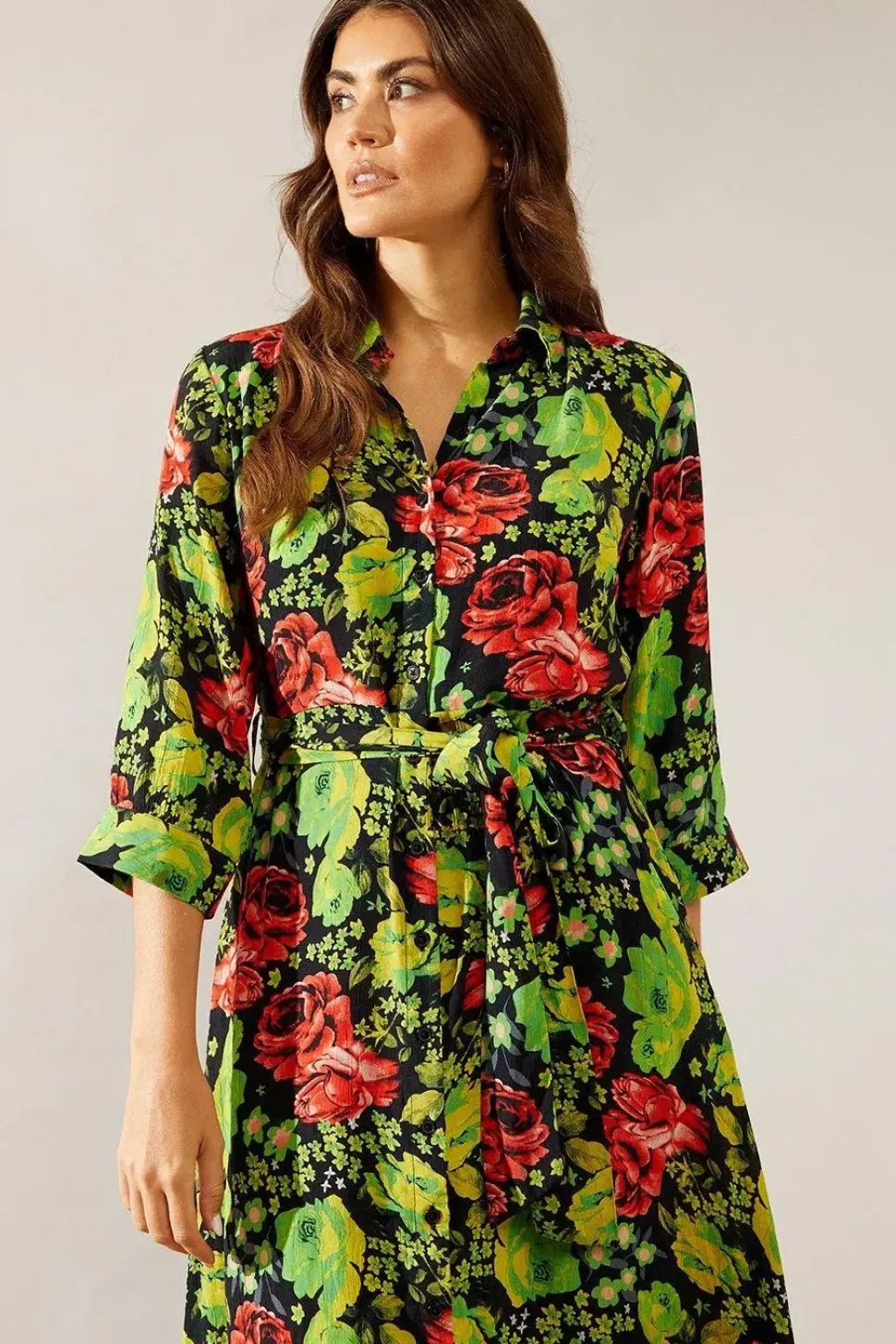 Floral Print Viscose Belted Midi Shirt Dress
