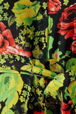 Floral Print Viscose Belted Midi Shirt Dress