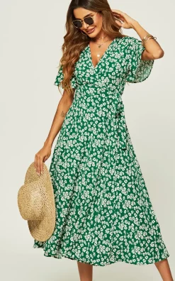 Floral Print Wrap Midi Dress In Green