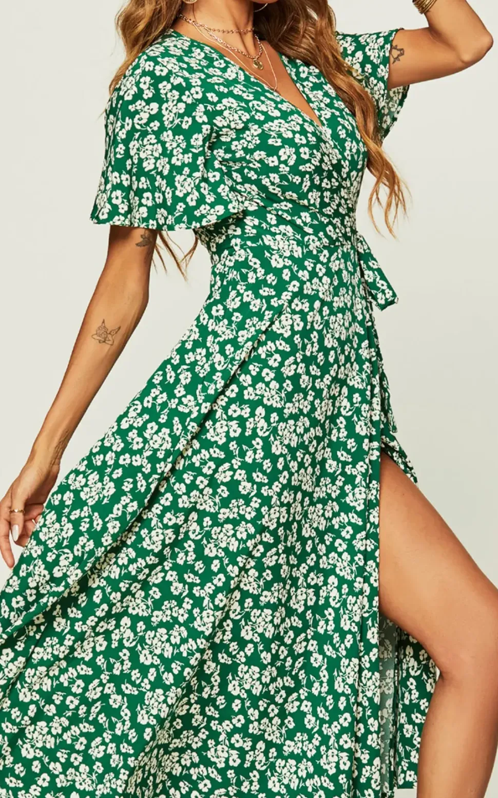 Floral Print Wrap Midi Dress In Green