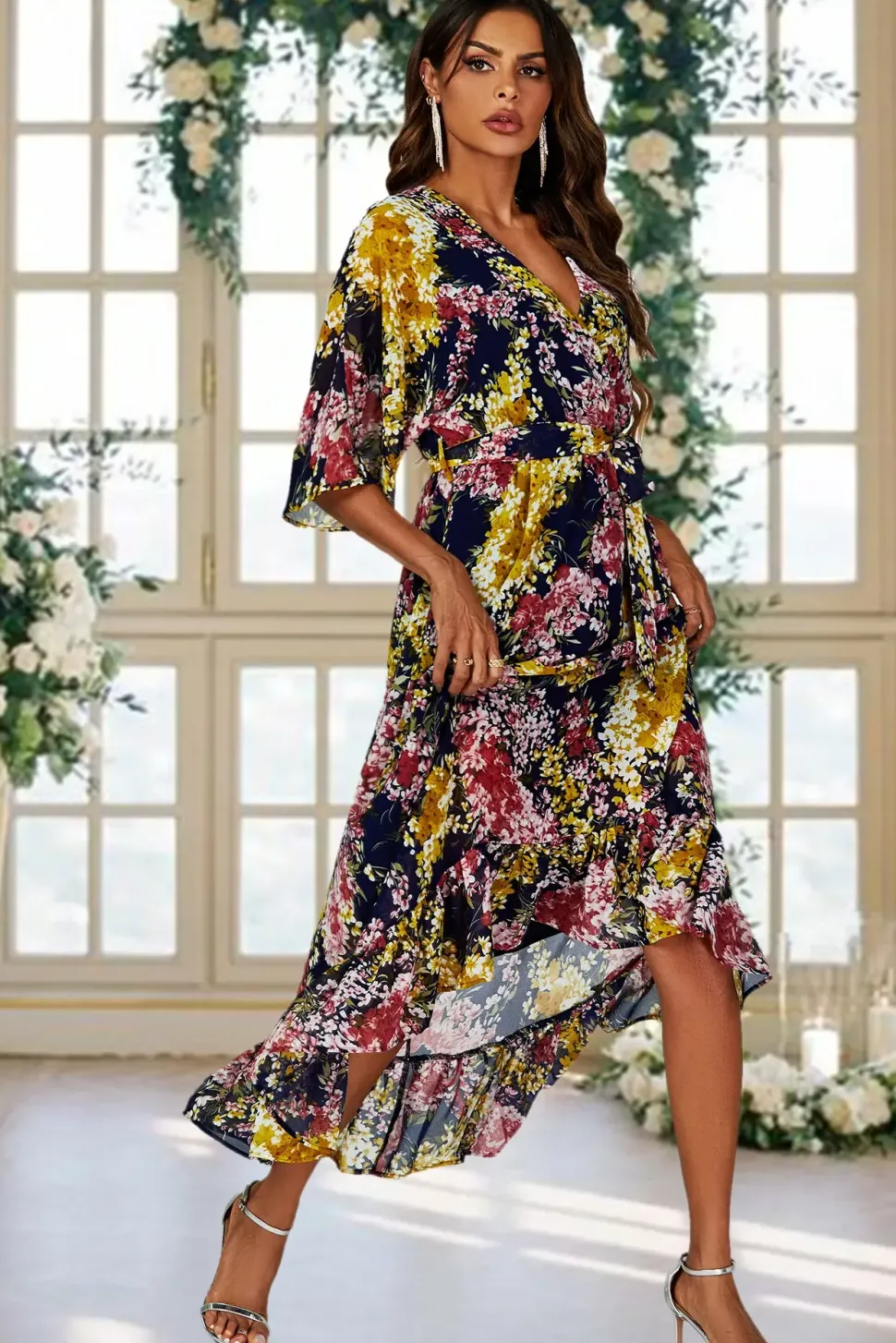 Floral Print Wrap Top Kimono Sleeve Maxi Dress In Navy