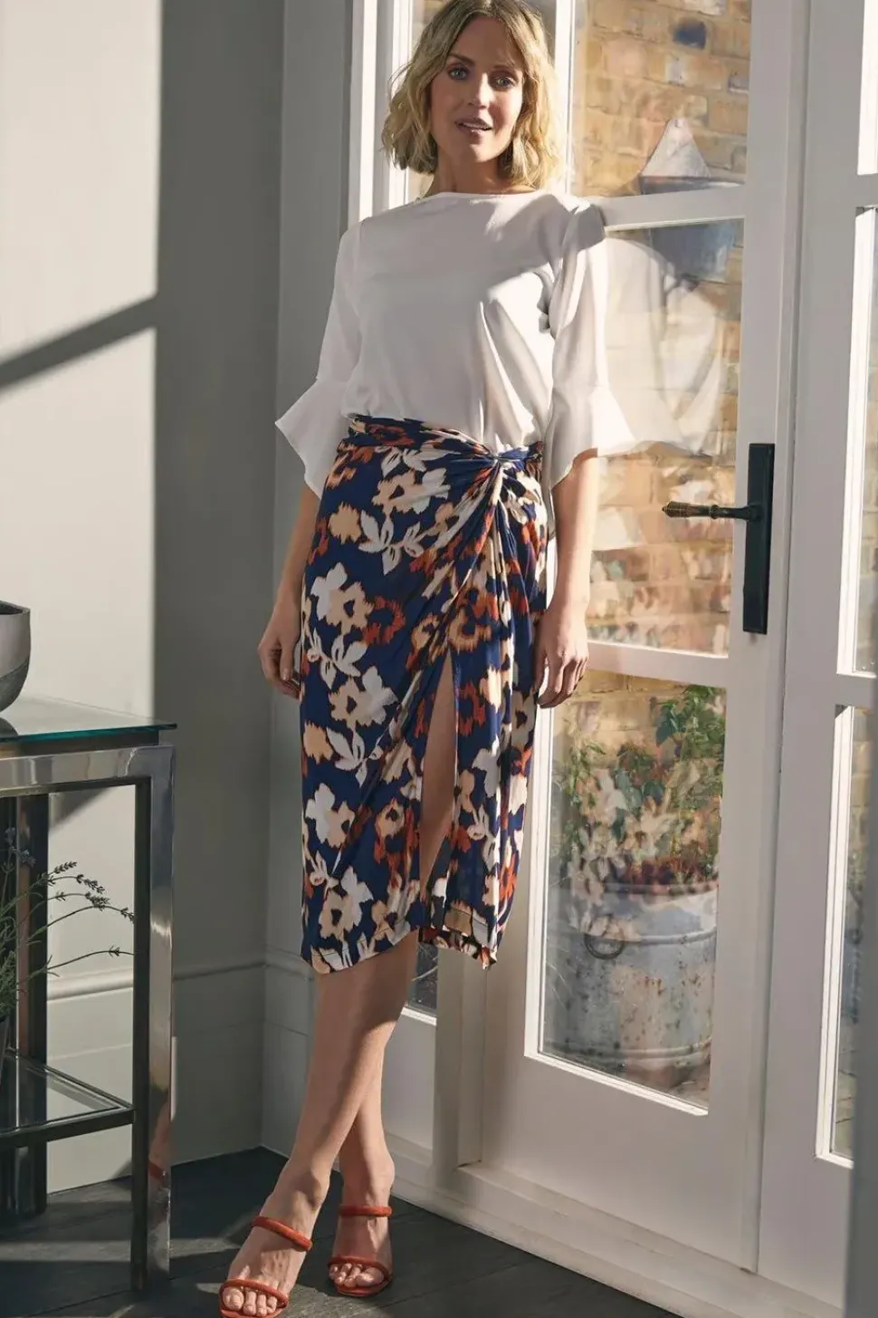 Floral Ruched High Waist Midi Skirt