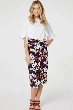 Floral Ruched High Waist Midi Skirt