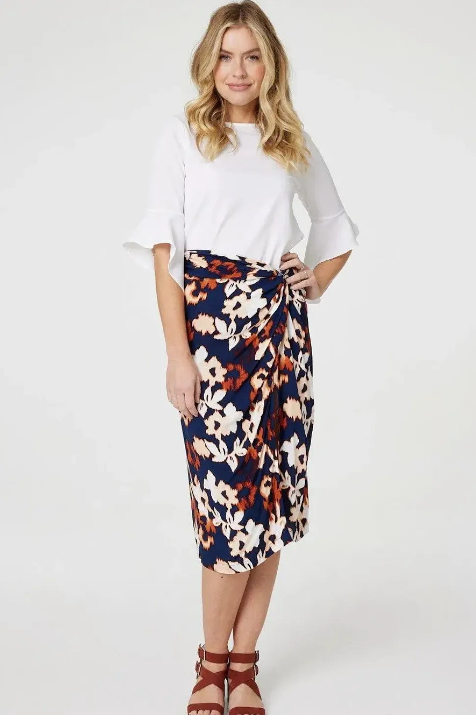 Floral Ruched High Waist Midi Skirt