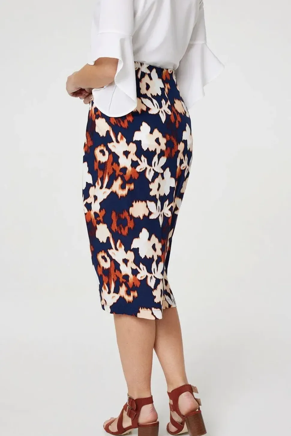 Floral Ruched High Waist Midi Skirt