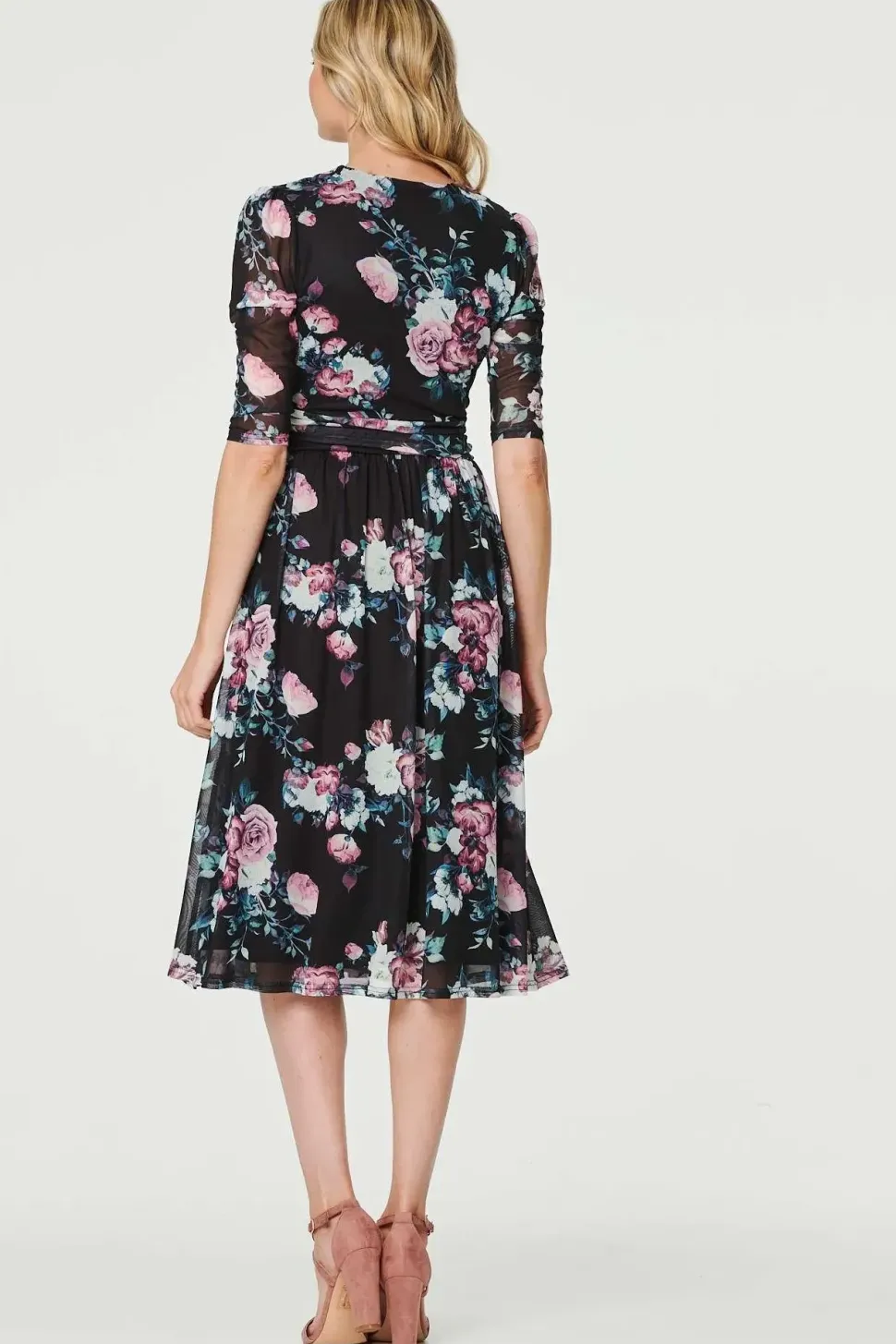 Floral Ruched Midi Tea Dress