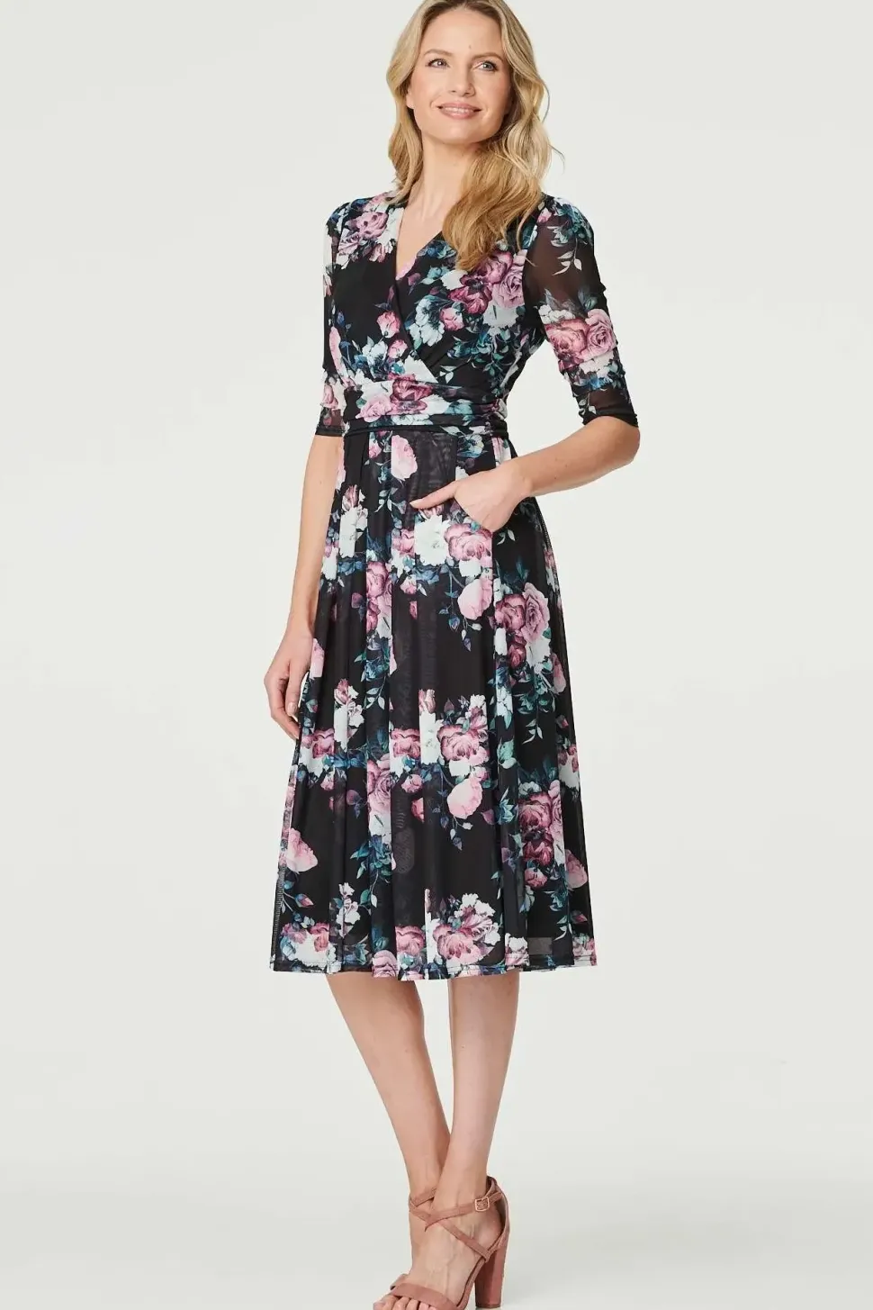 Floral Ruched Midi Tea Dress