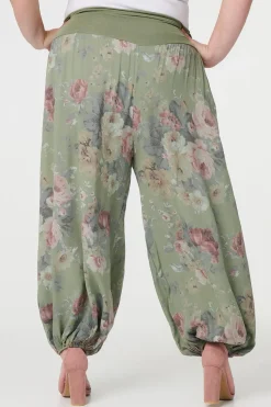 Floral Ruched Waist Harem Trousers