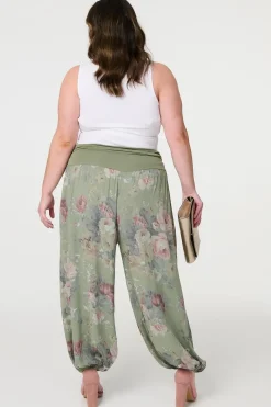 Floral Ruched Waist Harem Trousers