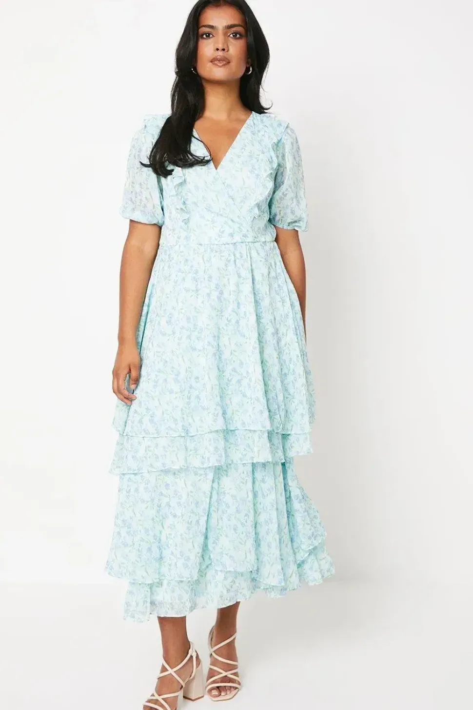 Floral Ruffle Detail Tiered Wrap Midi Dress