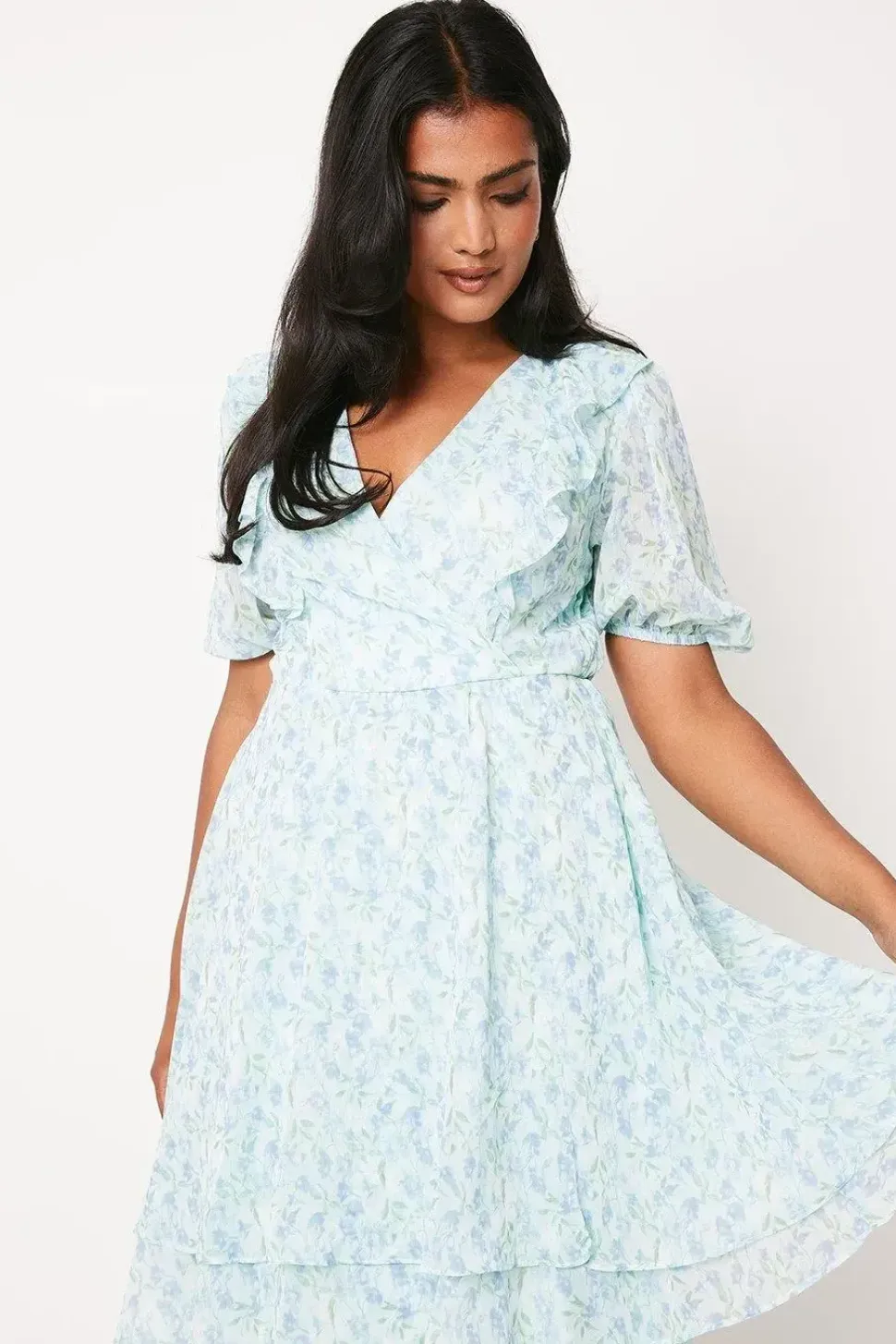 Floral Ruffle Detail Tiered Wrap Midi Dress