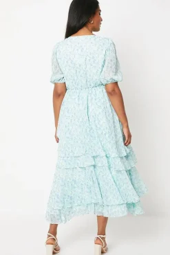 Floral Ruffle Detail Tiered Wrap Midi Dress