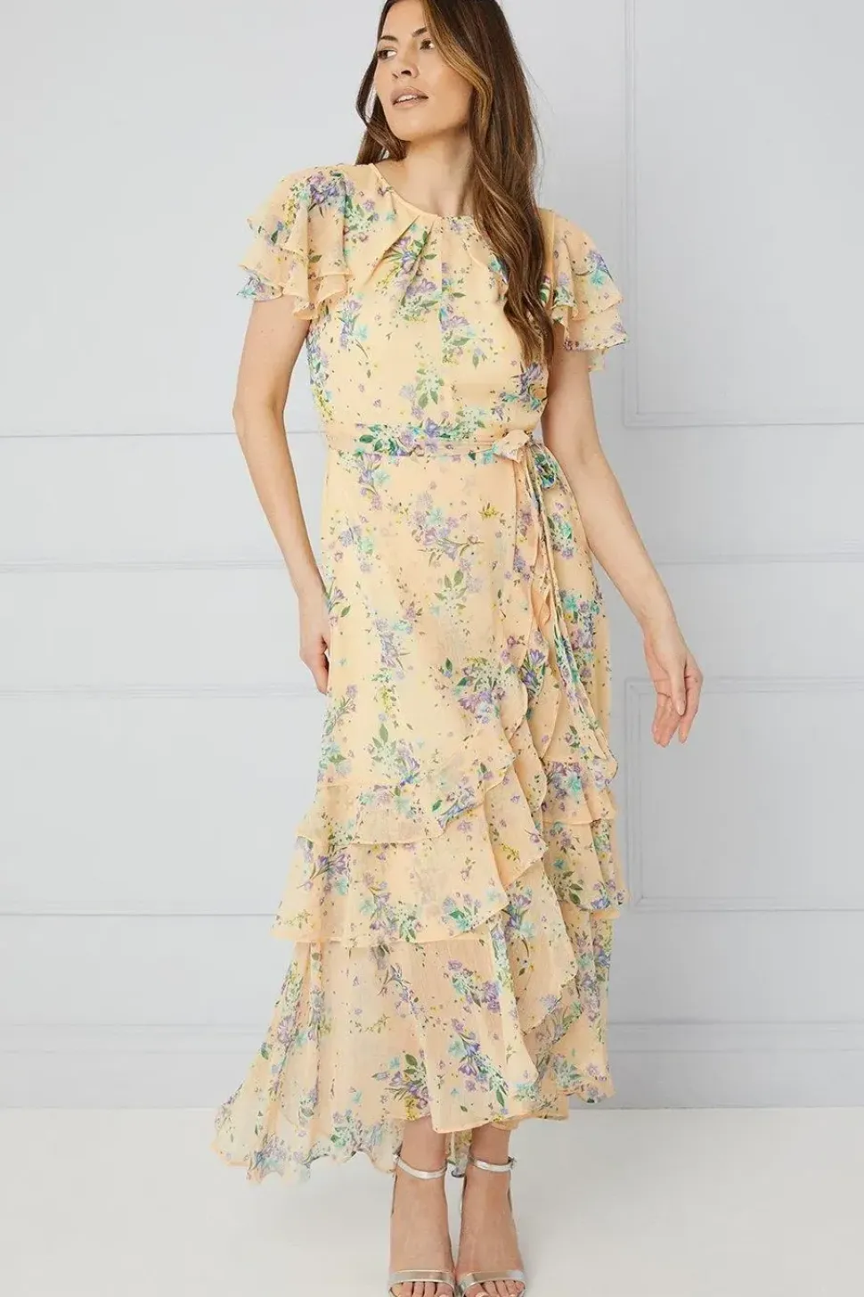 Floral Ruffle Drop Hem Maxi Dress