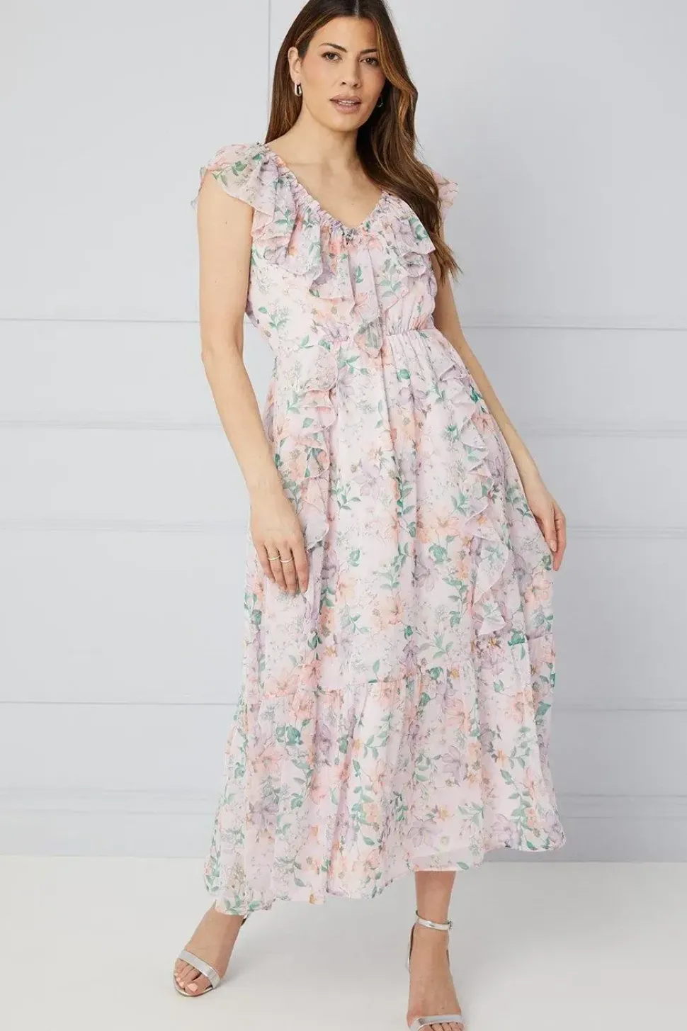 Floral Ruffle Drop Hem Midaxi Dress