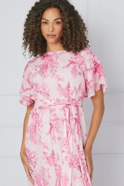 Floral Ruffle Metallic Sleeve Belted Midaxi Dress