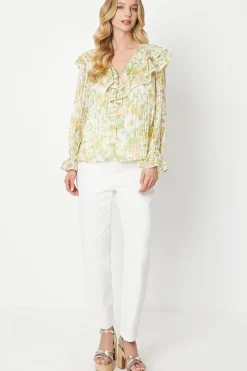 Floral Ruffle Neckline Burnout Chiffon Blouse