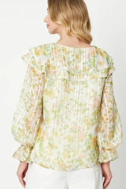 Floral Ruffle Neckline Burnout Chiffon Blouse