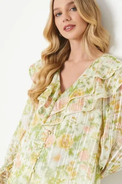 Floral Ruffle Neckline Burnout Chiffon Blouse