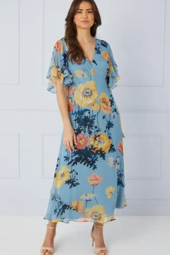 Floral Ruffle Sleeve Bias Midaxi Dress