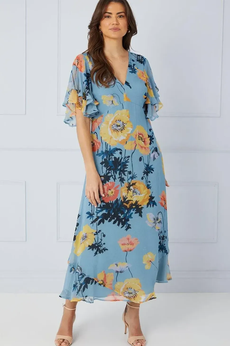 Floral Ruffle Sleeve Bias Midaxi Dress