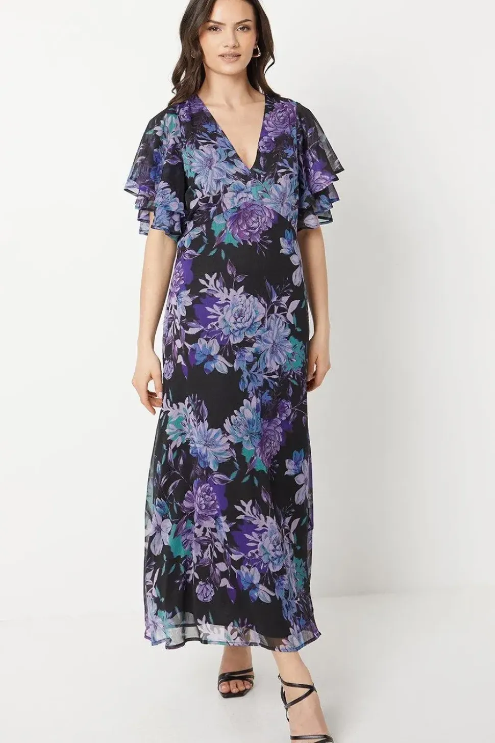 Floral Ruffle Sleeve Bias Midaxi Dress