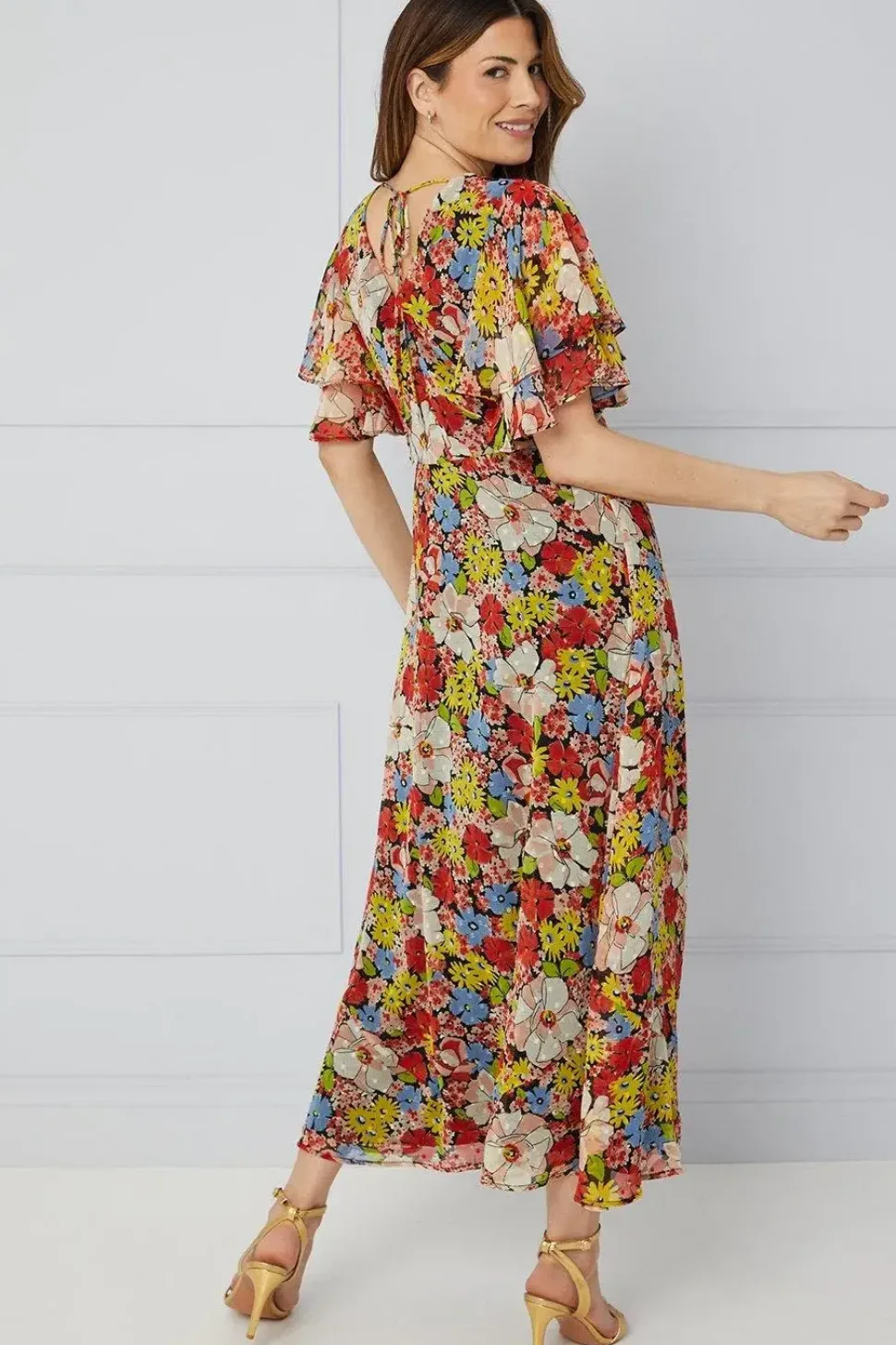 Floral Ruffle Sleeve Bias Midaxi Dress