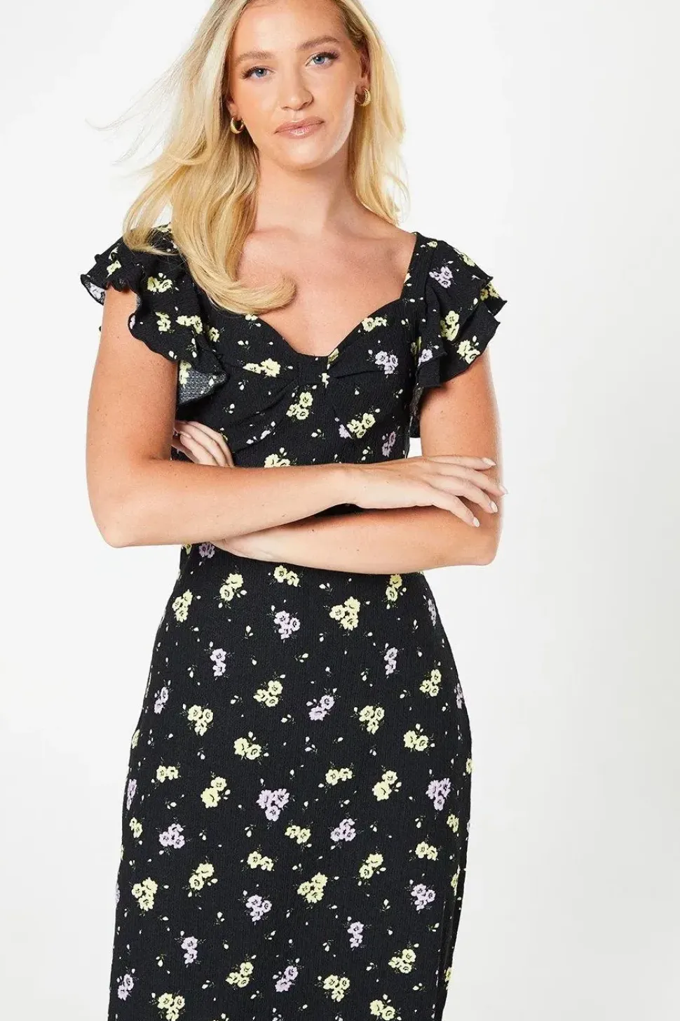 Floral Ruffle Sleeve Midi Dress