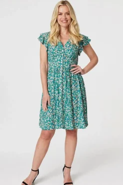 Floral Ruffle Sleeve Skater Dress