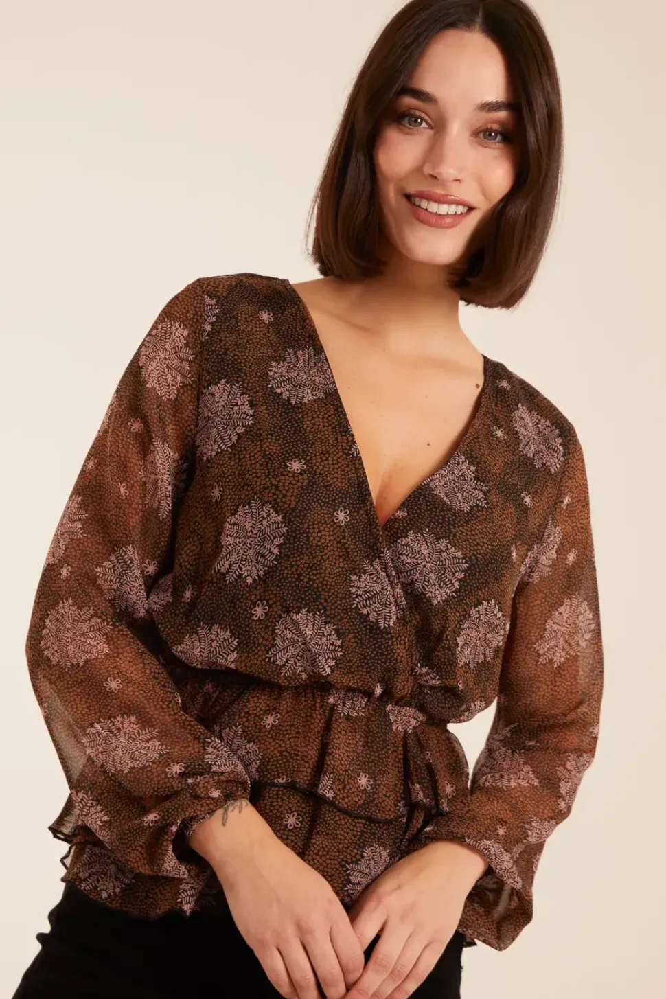 Floral Ruffle Wrap Blouse