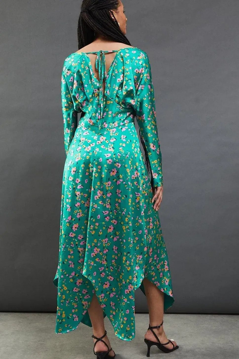 Floral Satin Batwing Waisted Hanky Hem Midi Dress