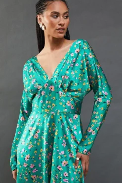 Floral Satin Batwing Waisted Hanky Hem Midi Dress