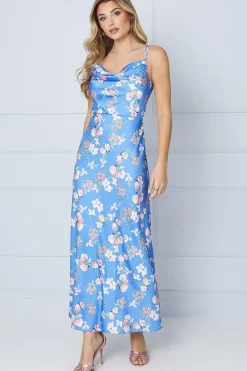 Floral Satin Cowl Double Strap Midi Dress