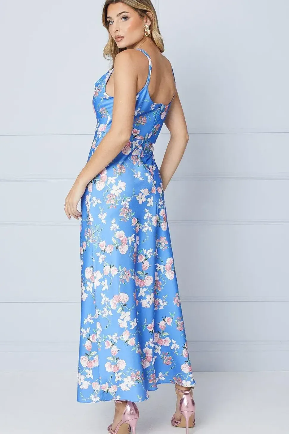 Floral Satin Cowl Double Strap Midi Dress