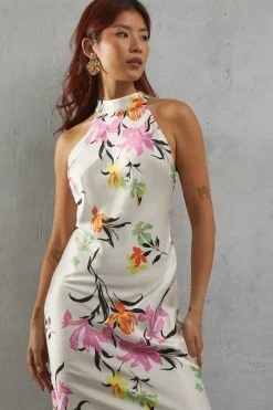 Floral Satin Halter Neck Backless Slip Dress