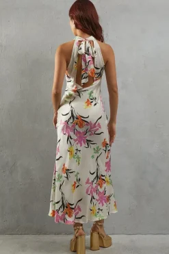 Floral Satin Halter Neck Backless Slip Dress
