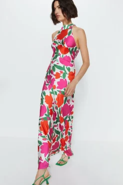 Floral Satin Halterneck Dress