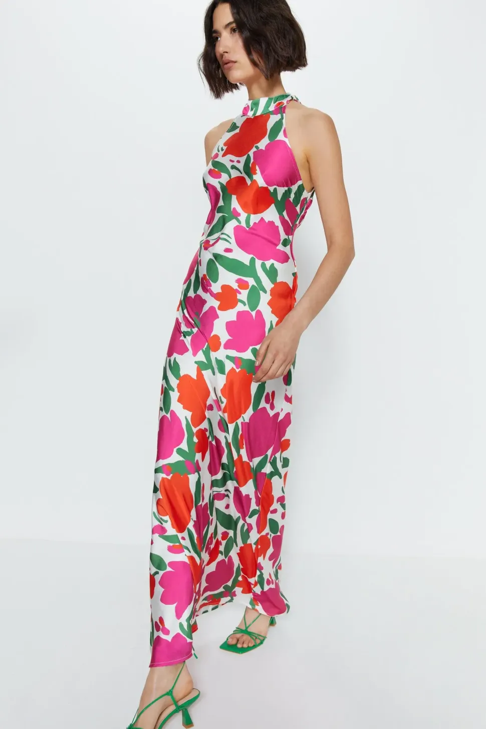 Floral Satin Halterneck Dress