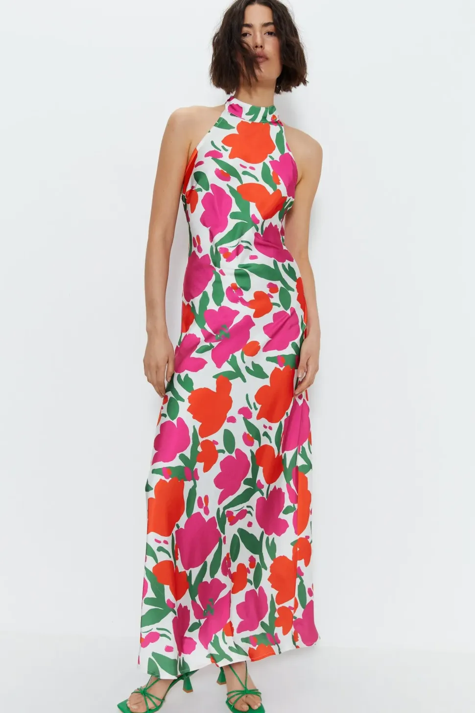 Floral Satin Halterneck Dress