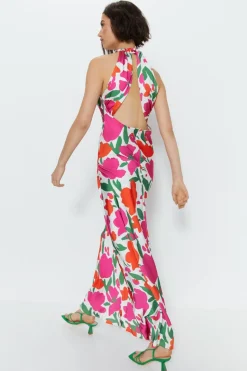 Floral Satin Halterneck Dress