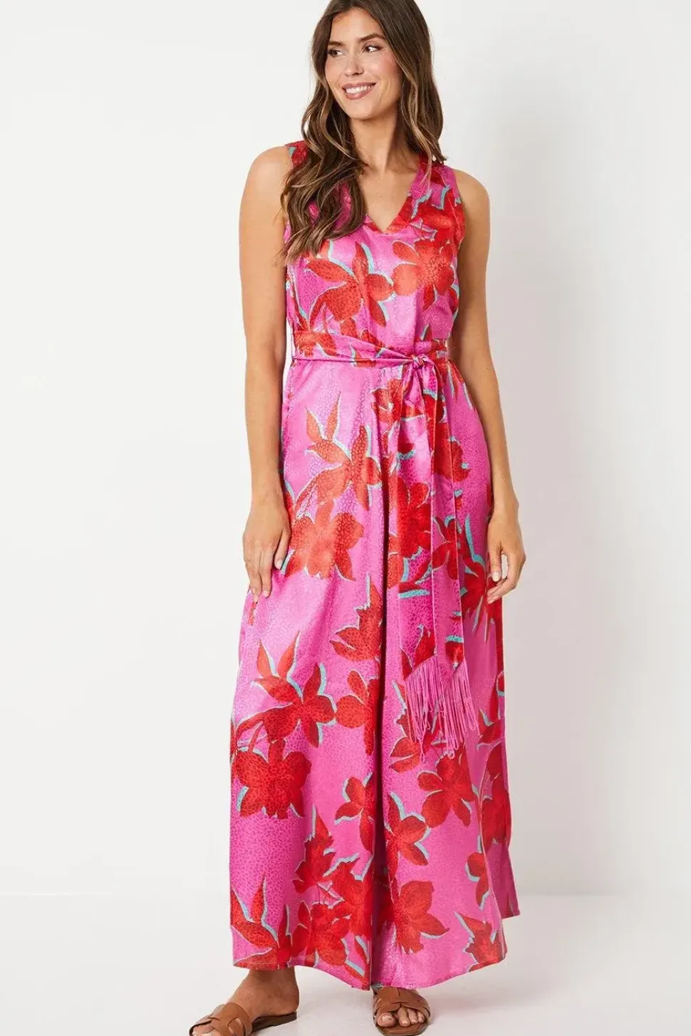 Floral Satin Jacquard Sleeveless Jumpsuit