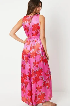Floral Satin Jacquard Sleeveless Jumpsuit
