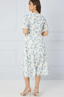 Floral Satin Jacquard Wrap Midi Dress