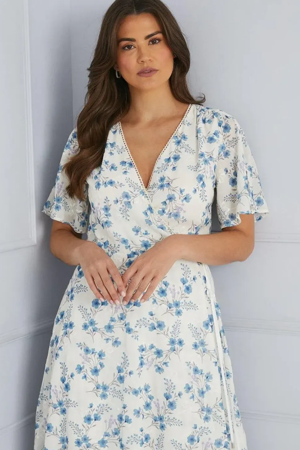 Floral Satin Jacquard Wrap Midi Dress
