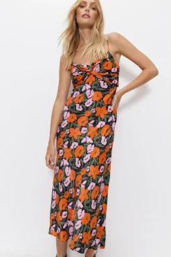 Floral Satin Knot Strappy Slip Dress
