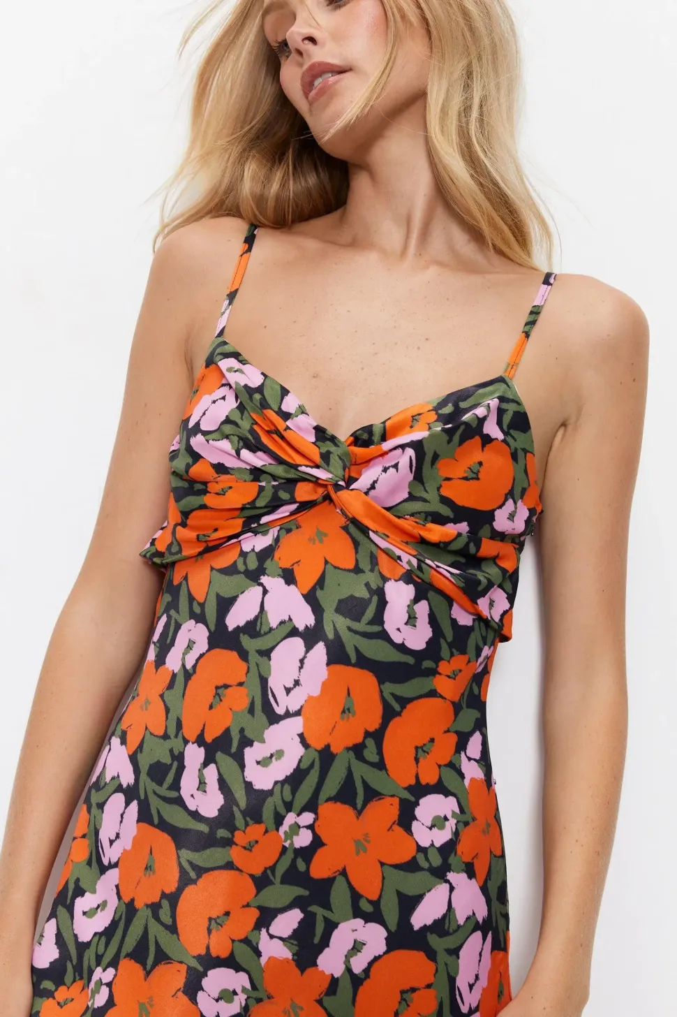 Floral Satin Knot Strappy Slip Dress