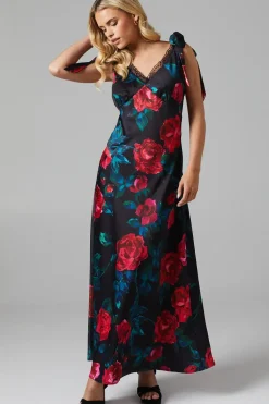 Floral Satin Lace Insert Tie Shoulder Midi Bridesmaids Dress