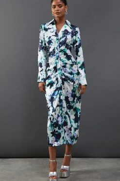 Floral Satin Ruched Front Midi Shirt Dress